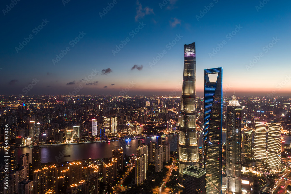 aerial view of Lujiazui, Shanghai, at sunset