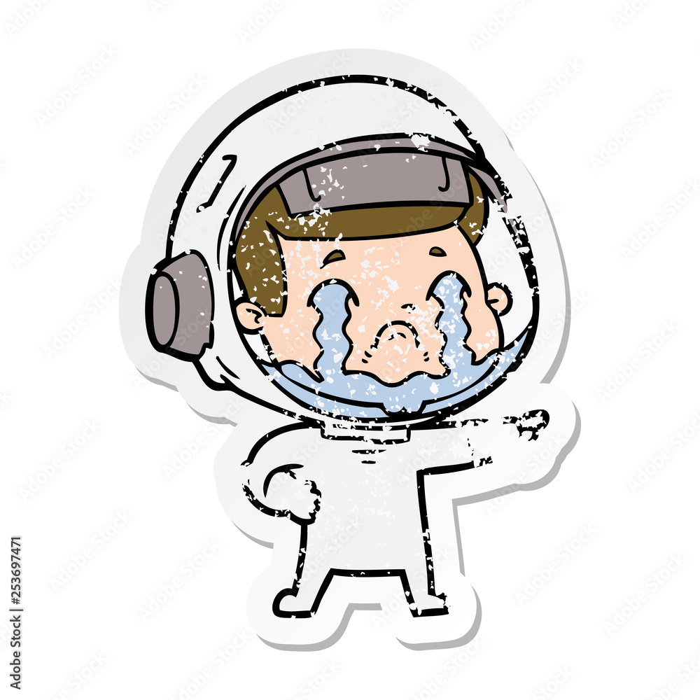 distressed sticker of a cartoon crying astronaut