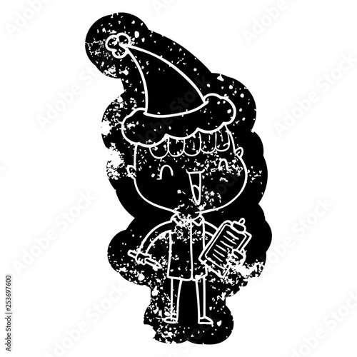 cartoon distressed icon of a happy boy surprised wearing santa hat