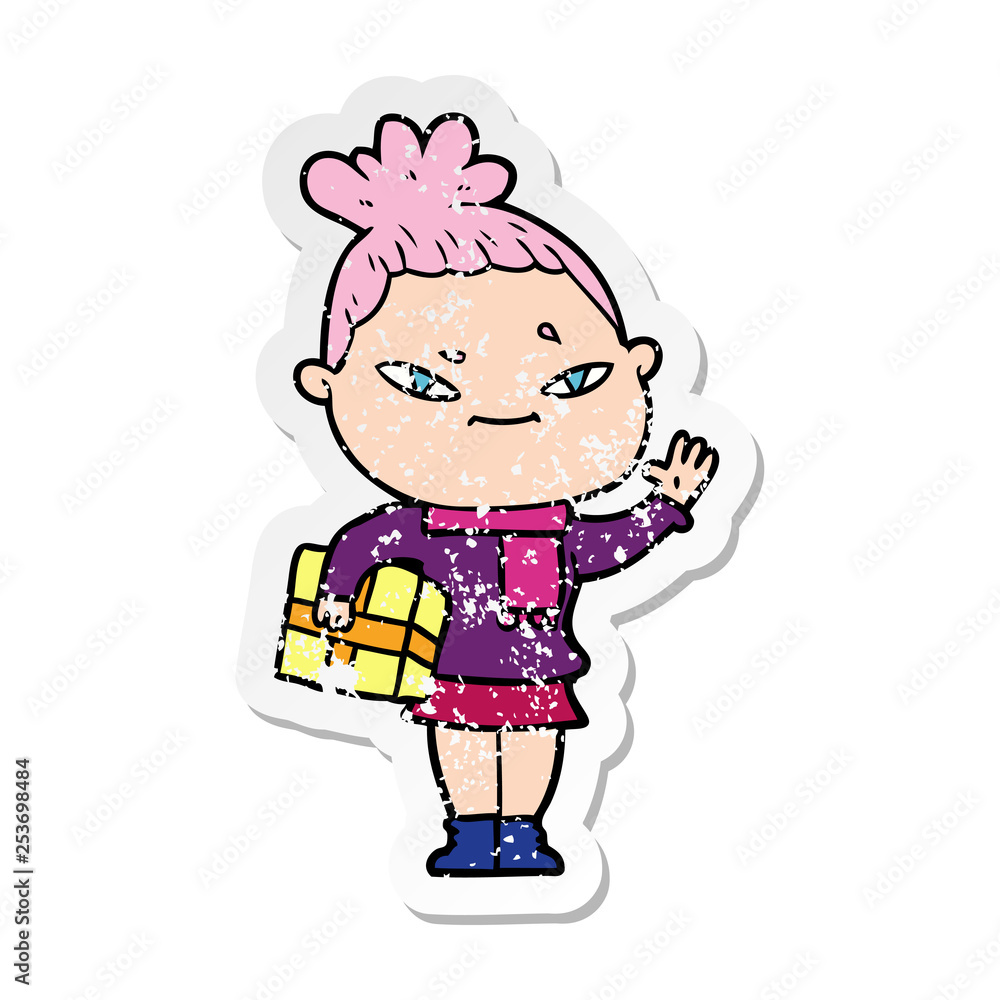 distressed sticker of a cartoon woman distressed sticker of a cartoon woman