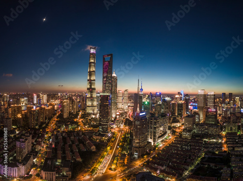 aerial view of Lujiazui, Shanghai, at sunset