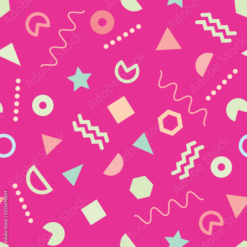 Vector of seamless repeat pattern with Memphis on pink background. Trendy Memphis style. Pastel geometric different shapes. Design for textile, fabric, decoration, wallpaper, wrapping, scrapbook