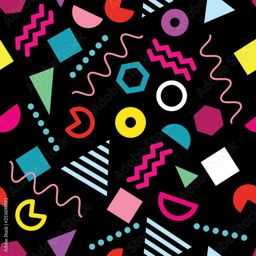 Vector of seamless repeat pattern with Memphis on black background. Trendy Memphis style. Geometric different shapes. Design for textile  fabric  decoration  wallpaper  wrapping  scrapbook