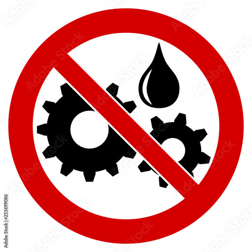 Do not lubricate / oil not required icon. Black gears cogwheels and liquid drop in red crossed circle.
