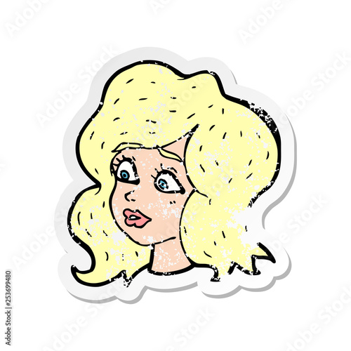 retro distressed sticker of a cartoon woman looking concerned
