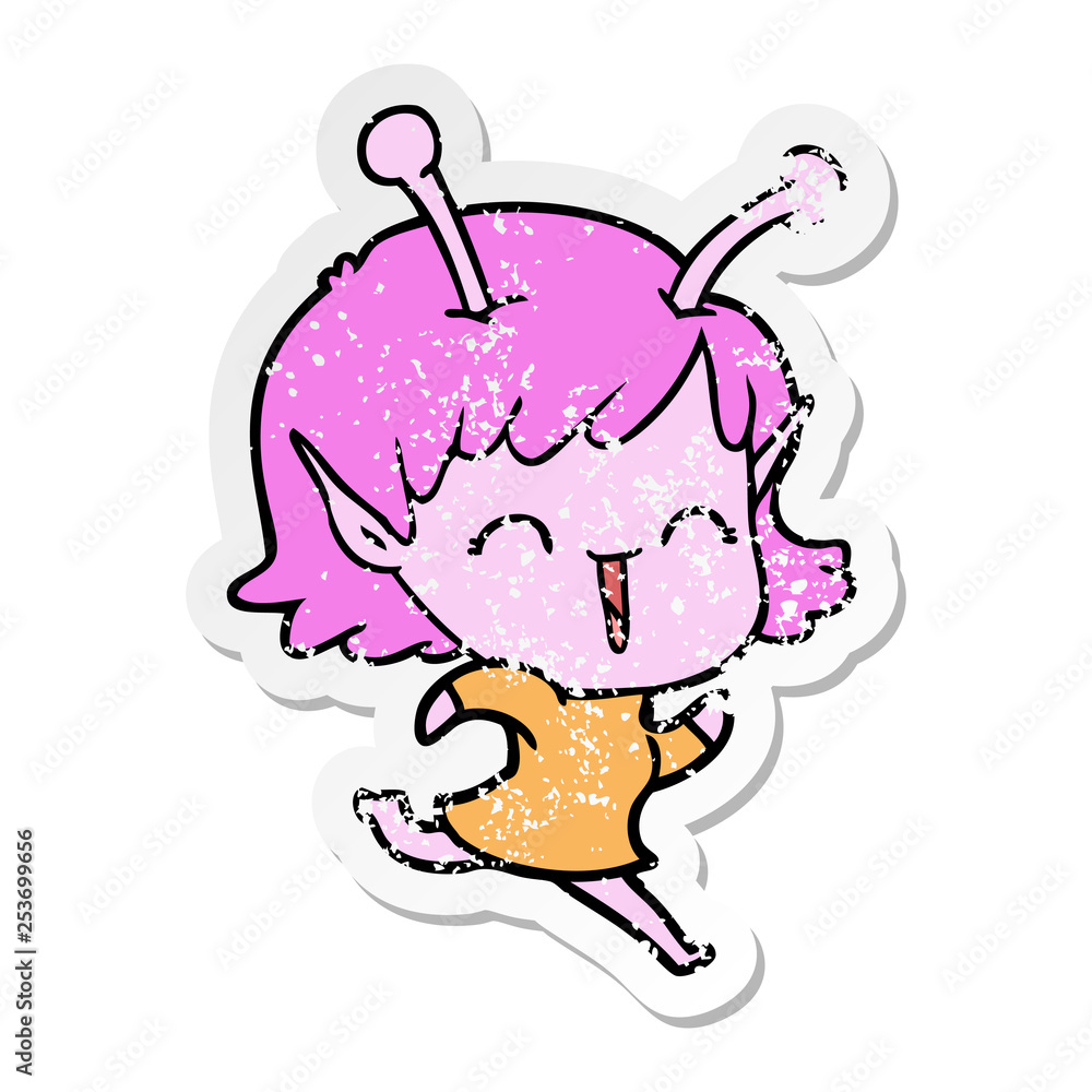 distressed sticker of a cartoon alien girl laughing distressed sticker of a cartoon alien girl laughing