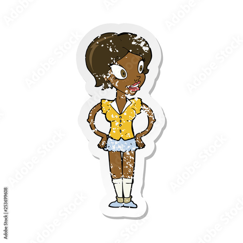 retro distressed sticker of a cartoon happy woman in short skirt