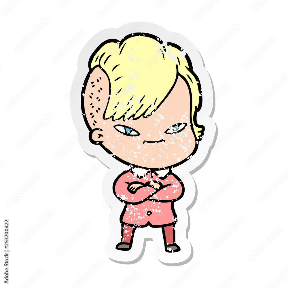 distressed sticker of a cute cartoon girl with hipster haircut distressed sticker of a cute cartoon girl with hipster haircut