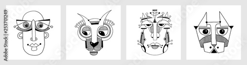 set of unusual hand draw illustration with a male face portrait