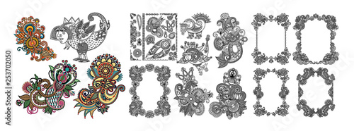 black line art ornate flower design collection, ukrainian