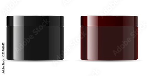 Cosmetic Cream jar mockup packaging. Black, and brown containers for salt, powder, butter. 3d vector design product packaging. Realistic Medical Template.