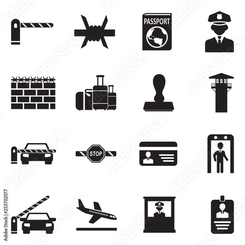 Border Crossing Icons. Black Flat Design. Vector Illustration. 