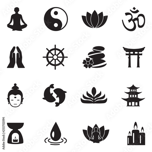 Buddhism Icons. Black Flat Design. Vector Illustration.