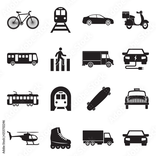 City Transport Icons. Black Flat Design. Vector Illustration. 