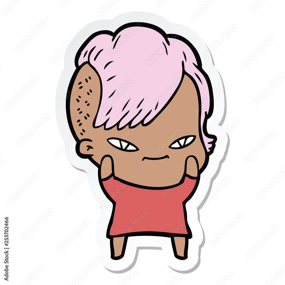 sticker of a cute cartoon girl with hipster haircut