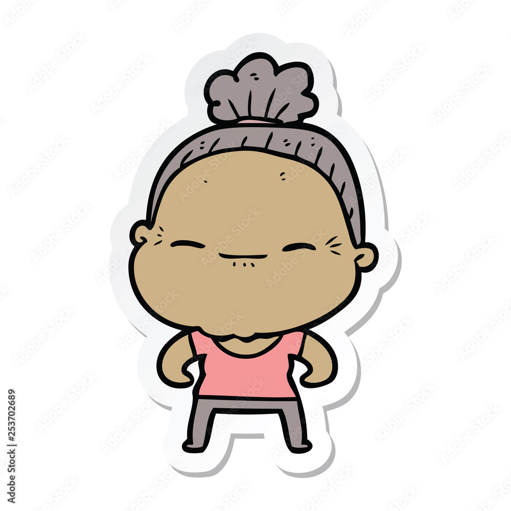 sticker of a cartoon peaceful old woman sticker of a cartoon peaceful old woman
