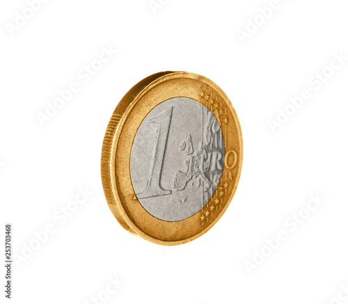 Shiny one euro coin on white background