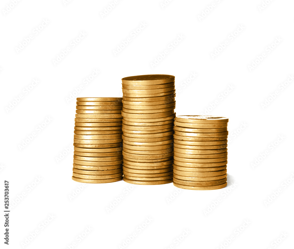 Stacks of shiny coins on white background Stacks of shiny coins on white background