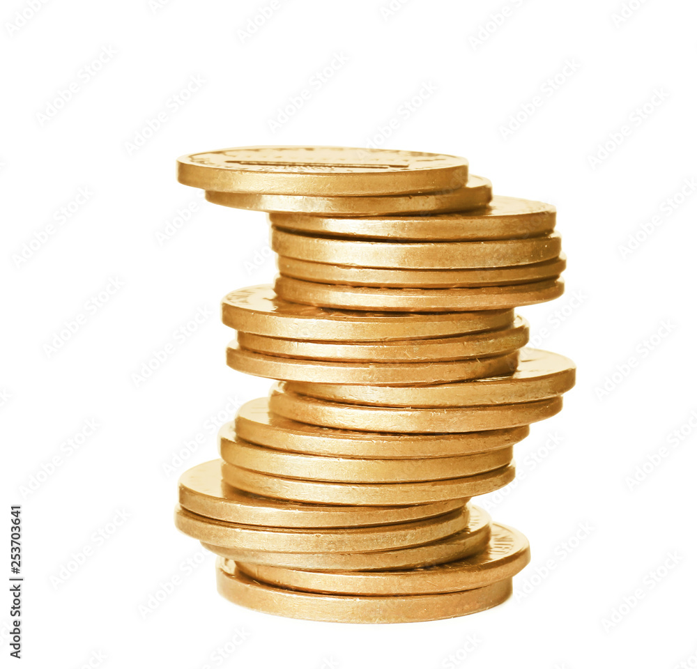 Stack of shiny coins on white background Stack of shiny coins on white background