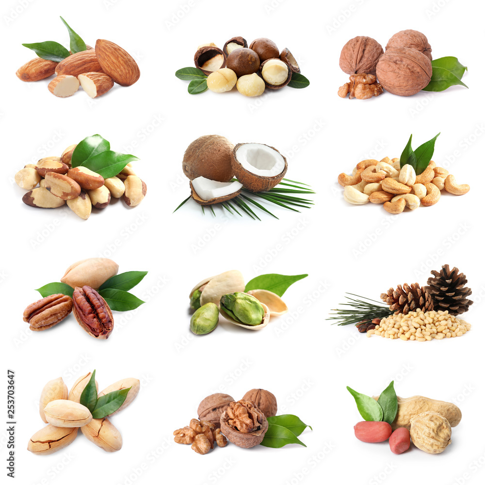 Set of different delicious organic nuts on white background Set of different delicious organic nuts on white background