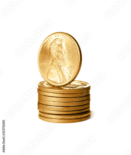 Stack of shiny USA coins on white background
