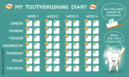Toothbrushing diary with dental advice for kids, stomatology planner for children. Cute smiling cartoon tooth with soft foam bubbles - oral hygiene concept. Tooth care banner. Week starts Sunday