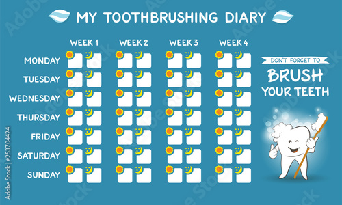 Toothbrushing diary - dental calendar for kids, stomatology planner for children. Cute smiling cartoon tooth with soft foam bubbles - oral hygiene concept. Tooth care banner. Week starts Monday. 