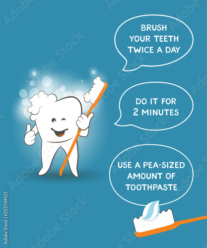 Instruction for kids how to properly brush your teeth - dentist's advice. Tooth care poster for children on blue background.  Easy learn. Cute smiling cartoon tooth with foam bubbles brushing yourself