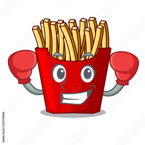 Boxing french fries above cartoon table wood