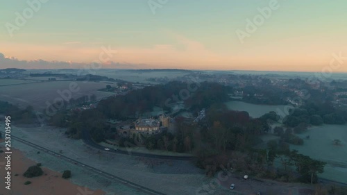 Aerial view of Walmer Castle, Kent, England. Wide POI of the castle and frozen grounds looking down the Kent coast towards kingsdown in winter. photo