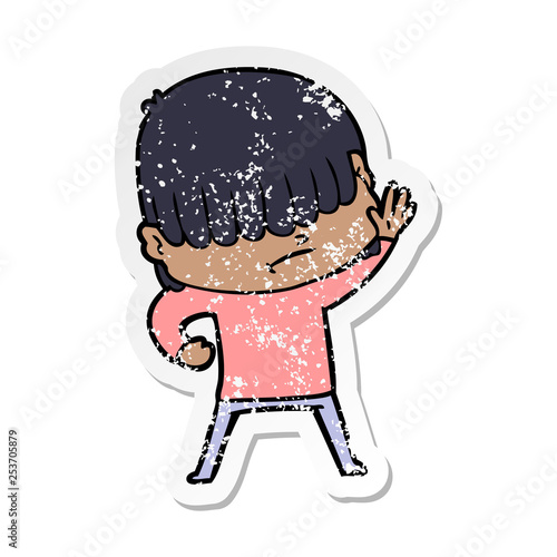 distressed sticker of a cartoon boy with untidy hair