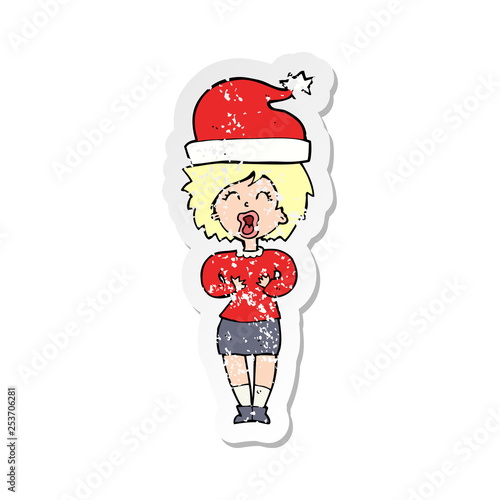 retro distressed sticker of a cartoon woman getting ready for christmas