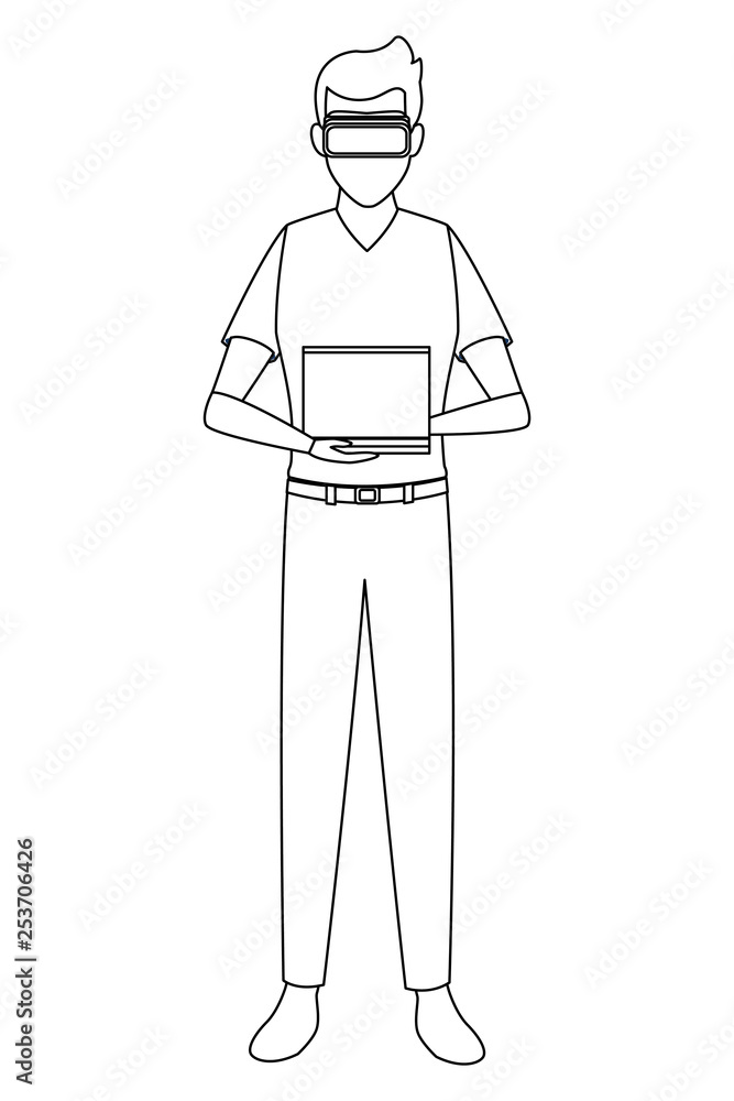 Man using virtual reality glasses in black and white Man using virtual reality glasses in black and white