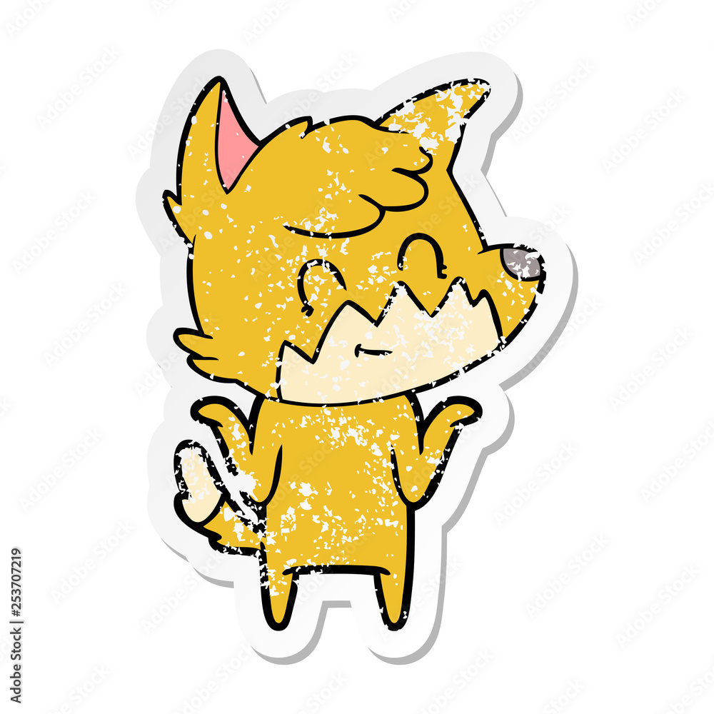 distressed sticker of a cartoon happy fox distressed sticker of a cartoon happy fox