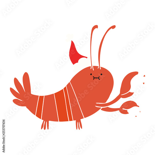 flat color illustration of a lobster wearing santa hat