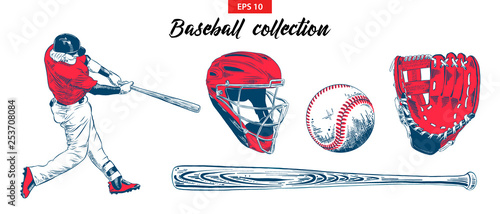 Vector engraved style illustration for posters, decoration. Hand drawn sketch set of baseball player, helmet, glove, ball and bat isolated on white background. Detailed vintage etching drawing.