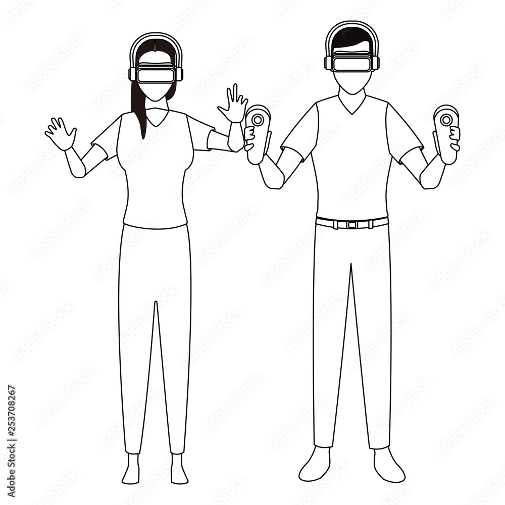 Woman using virtual reality glasses in black and white Woman using virtual reality glasses in black and white