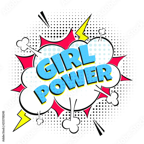 Comic Lettering GIRL POWER In The Speech Bubbles Comic Style Flat Design. Dynamic Pop Art Vector Illustration Isolated On White Background. Exclamation Concept Of Comic Book Style Pop Art Voice Phrase