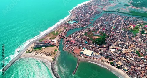 A beautiful 4k aerial drone footage of historical town of Elmina, Ghana. photo