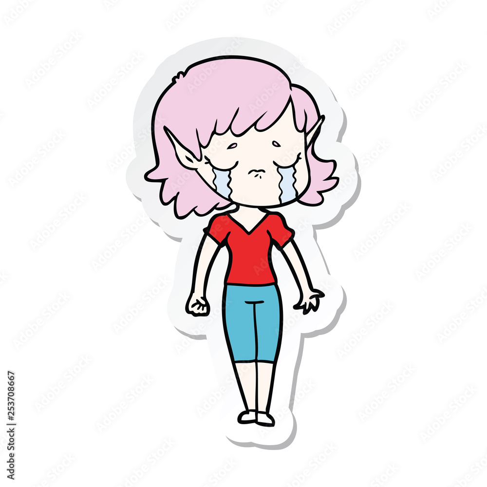 sticker of a crying cartoon elf girl sticker of a crying cartoon elf girl