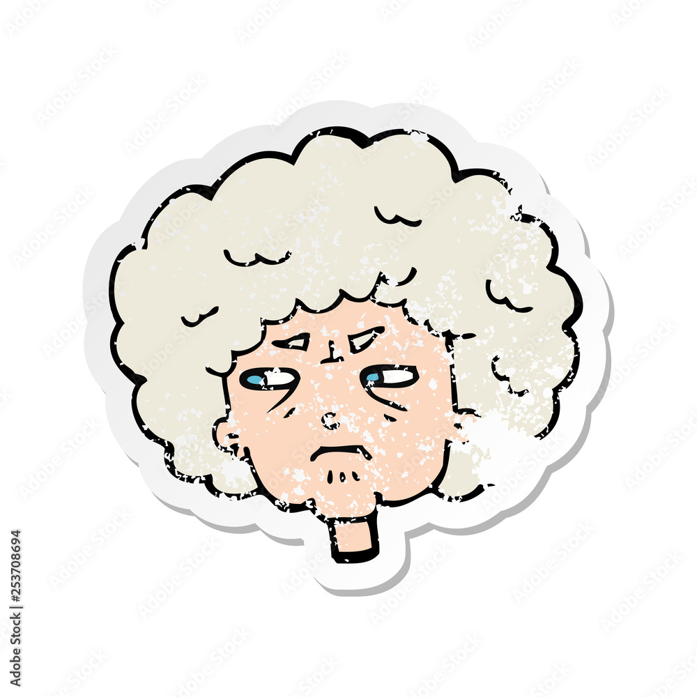retro distressed sticker of a cartoon bitter old woman retro distressed sticker of a cartoon bitter old woman