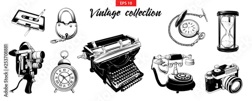 Vector engraved style illustration for logo, emblem, label or poster. Hand drawn engraved sketch set of vintage odjects isolated on white background. Detailed vintage doodle drawing.