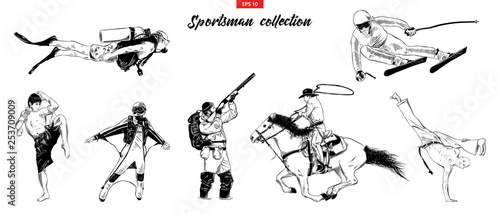 Vector engraved style illustrations for posters, logo, emblem and badge. Hand drawn sketch set of sportsman isolated on white background. Detailed vintage etching collection. Woodcut, linocut style.