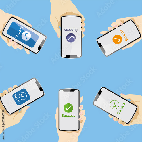 Smartphone settlement screen, smartphone settlement, image of QR code settlement, vector data showing QR code settlement held in multiple hands