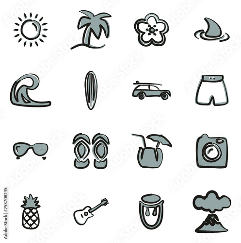 Hawaii or Hawaii Lifestyle Icons Freehand 2 Color