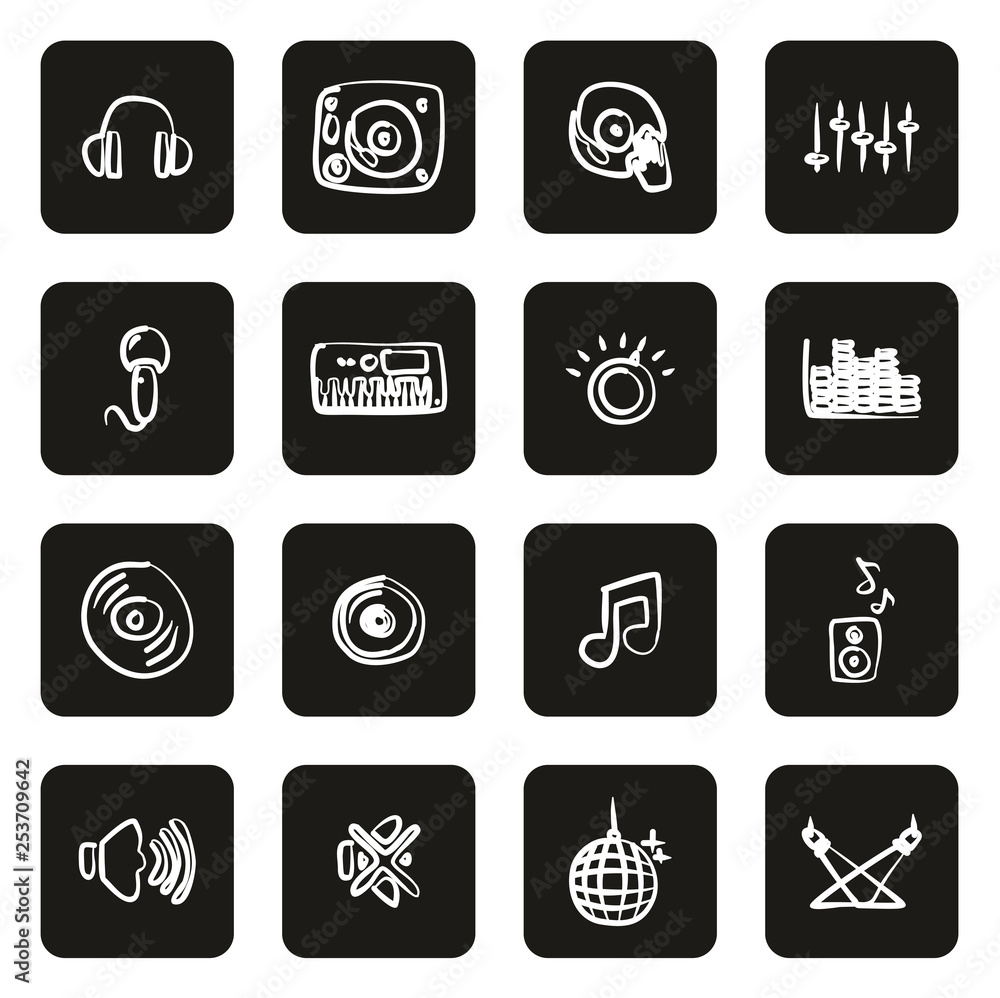 DJ or DJ Equipment Icons Freehand White On Black