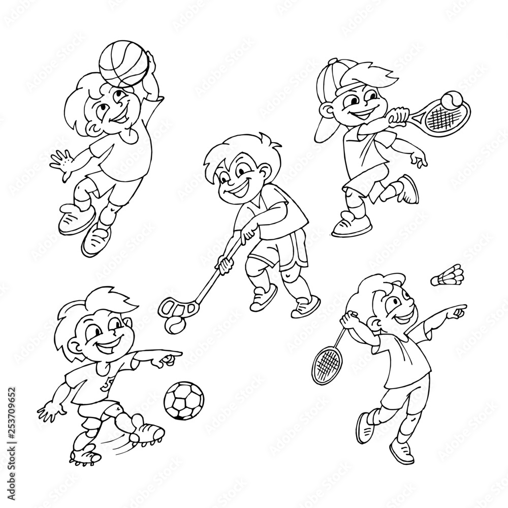 Basketball, tennis, floorball, soccer, badminton, kids playing team sports, set of black and white icons