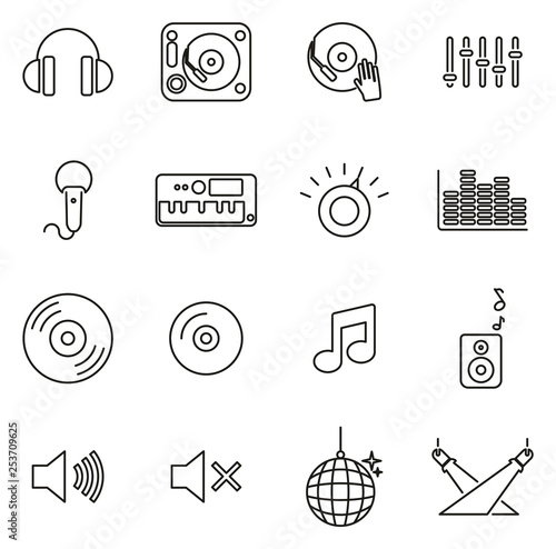 DJ or DJ Equipment Icons Thin Line Vector Illustration Set