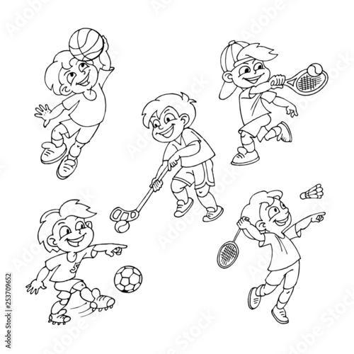 Basketball, tennis, floorball, soccer, badminton, kids playing team sports, set of black and white icons
