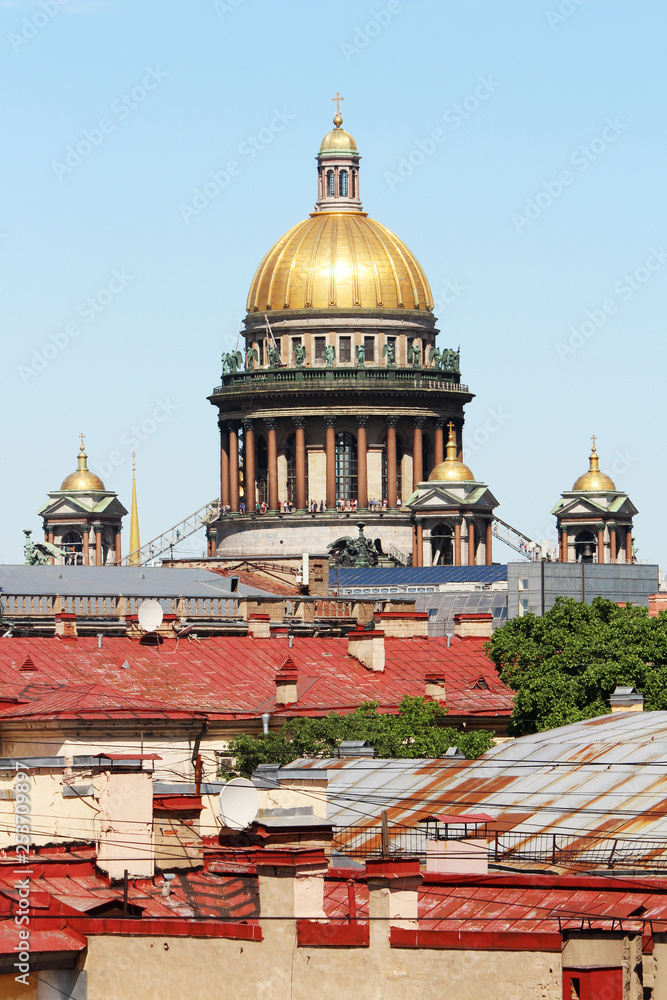 Panorama of rooftops and the cupola of Saint Isaac cathedral in Saint Petersburg, Russia